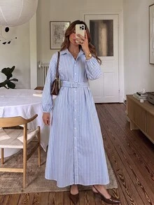 Serisse Light Blue Cotton Shirt Dress, Long Sleeve Button Up Belted Waist Split Midi For Fall, Elegant Chic Casual Work Brunch Vacation For Women - Blue and White - View 5