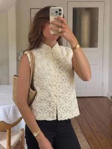Serisse Women's Elegant Vintage Sleeveless Stand Collar 3D Floral Applique Lace Button Up Shirt Blouse Top For Brunch Tea Party Vacation Off White Summer - Apricot - View 1