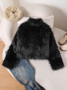 SHEIN Tween Girl Autumn/Winter Fashion Fuzzy Jacket - Black - View 2