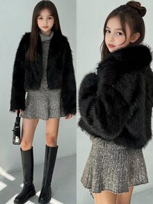 SHEIN Tween Girl Autumn/Winter Fashion Fuzzy Jacket - Black - View 9
