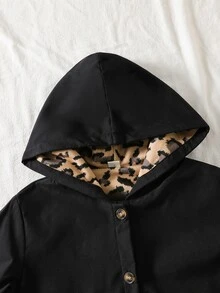 SHEIN Sparklyn 青少年女孩秋冬外套 冬季新款復古美拉德色豹紋印花抓絨內裡拉鍊開襟衫 腰部鬆緊帶連帽夾克 - 黑色 - 查看 5