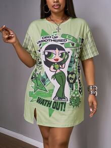 Slaydiva THE POWERPUFF GIRLS X SHEIN Plus Size Cartoon Print Dress, Suitable For Outings, Streetwear, Y2K - Multicolor - View 7