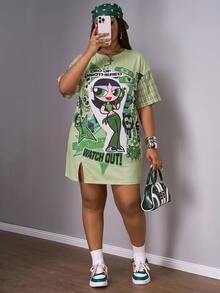 Slaydiva THE POWERPUFF GIRLS X SHEIN Plus Size Cartoon Print Dress, Suitable For Outings, Streetwear, Y2K - Multicolor - View 6