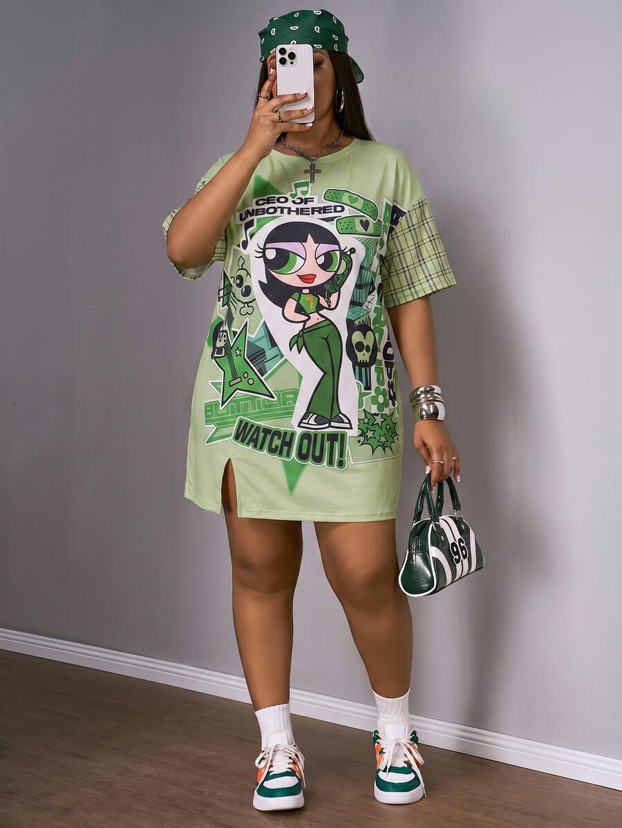 Slaydiva THE POWERPUFF GIRLS X SHEIN Plus Size Cartoon Print Dress, Suitable For Outings, Streetwear, Y2K - Multicolor - View 1