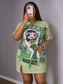 Slaydiva THE POWERPUFF GIRLS X SHEIN Plus Size Cartoon Print Dress, Suitable For Outings, Streetwear, Y2K - Multicolor - View 5
