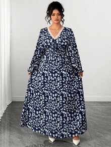 SHEIN LUNE CURVE Vacation Lace V-Neck Floral Long Sleeve Plus Size Women's A-Line Dress Fall - Navy Blue - View 5