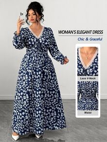 SHEIN LUNE CURVE Vacation Lace V-Neck Floral Long Sleeve Plus Size Women's A-Line Dress Fall - Navy Blue - View 1