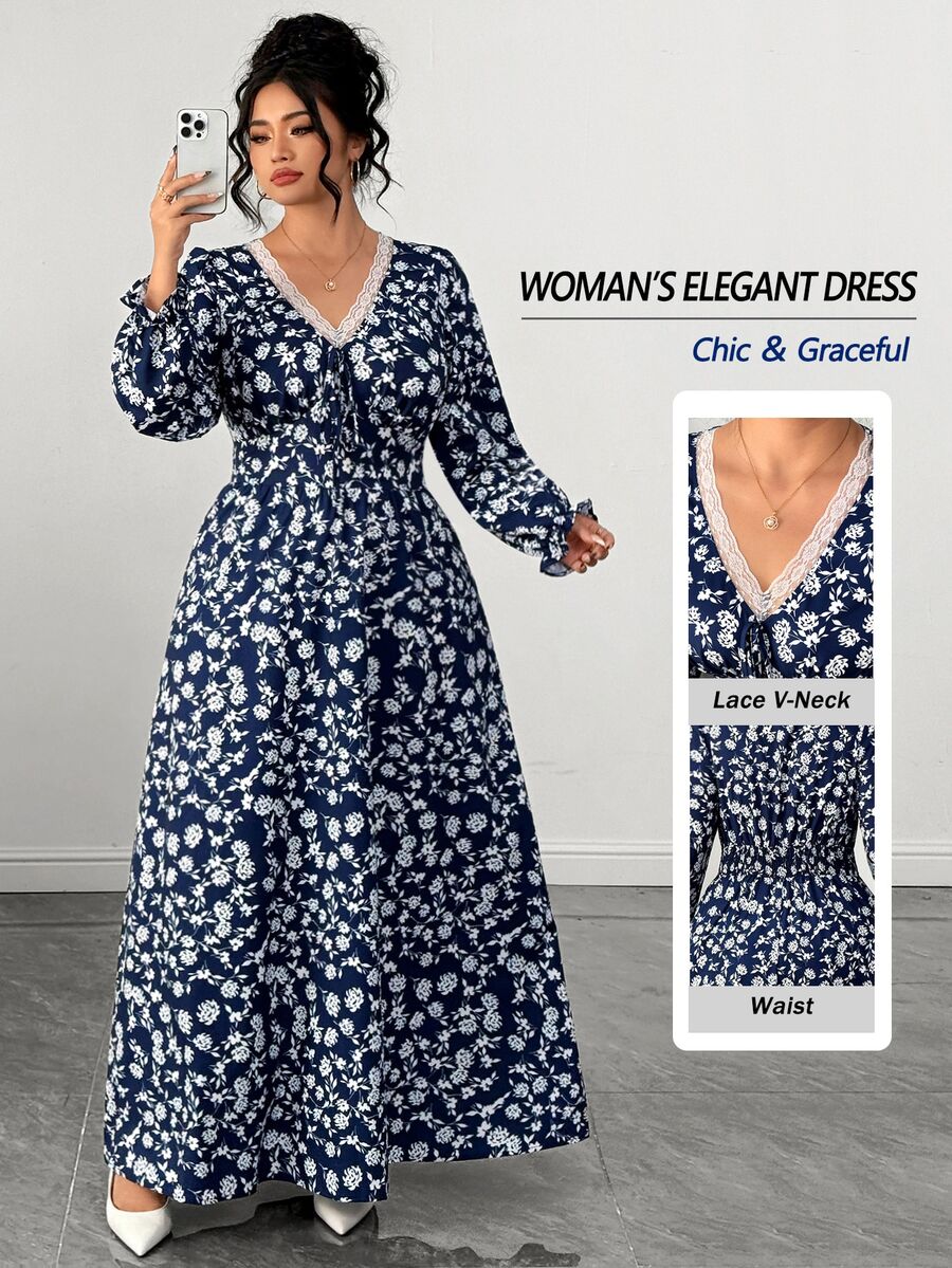SHEIN LUNE CURVE Vacation Lace V-Neck Floral Long Sleeve Plus Size Women's A-Line Dress Fall - Navy Blue - View 1