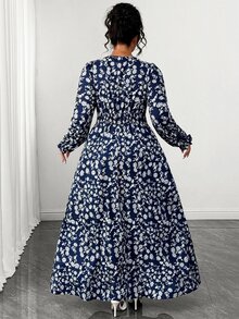 SHEIN LUNE CURVE Vacation Lace V-Neck Floral Long Sleeve Plus Size Women's A-Line Dress Fall - Navy Blue - View 2