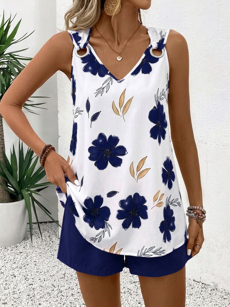 Yunfilé V-Neck Sleeveless Casual Minimalist Striped Women's 2 Pieces Set - Navy Blue - View 5