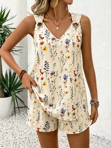 Yunfilé V領無袖休閒鄉村風熱帶波希米亞極簡主義奶油色女款兩件套海灘度假夏季 - 彩色 - 查看 7