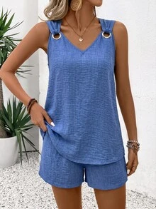 Louniche 女款V領優雅休閒通勤兩件式短套裝，夏季度假穿搭，藍色兩件套 - 藍色 - 查看 5
