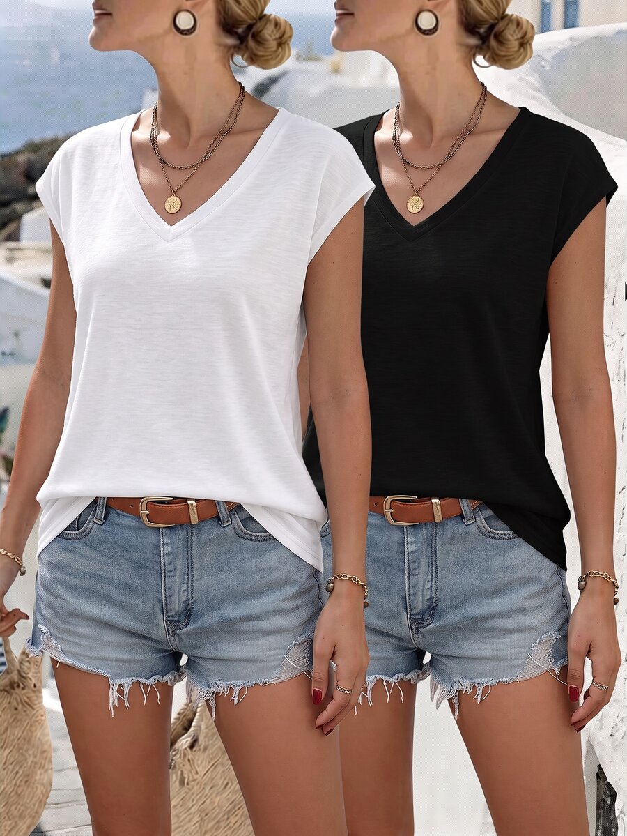 Louniche 夏季新款極簡度假風女款兩件套短袖 T-shirt - 黑與白 - 查看 1