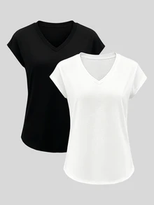 Louniche 夏季新款極簡度假風女款兩件套短袖 T-shirt - 黑與白 - 查看 5