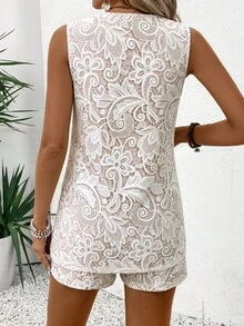 Louniche 女款休閒歐式度假極簡時尚沙灘早午餐兩件套夏季服飾 新花色波西米亞風熱帶花卉白色 - 卡其色 - 查看 2