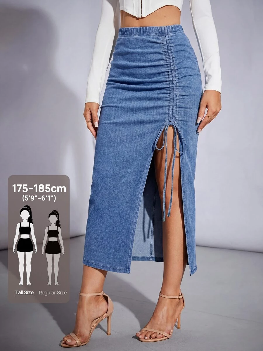 SHEIN Tall 女款抓皺開衩設計休閒街頭風性感牛仔裙，適合日常、度假、約會之夜、外出穿搭，牛仔女郎風格，淺藍色，秋季上班穿搭