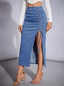 SHEIN Tall 女款抓皺開衩設計休閒街頭風性感牛仔裙，適合日常、度假、約會之夜、外出穿搭，牛仔女郎風格，淺藍色，秋季上班穿搭 - 藍色 - 查看 9