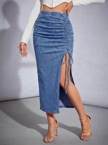 SHEIN Tall 女款抓皺開衩設計休閒街頭風性感牛仔裙，適合日常、度假、約會之夜、外出穿搭，牛仔女郎風格，淺藍色，秋季上班穿搭 - 藍色 - 查看 10