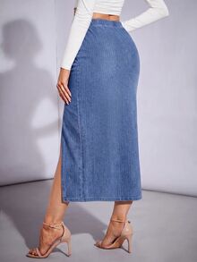 SHEIN Tall 女款抓皺開衩設計休閒街頭風性感牛仔裙，適合日常、度假、約會之夜、外出穿搭，牛仔女郎風格，淺藍色，秋季上班穿搭 - 藍色 - 查看 4