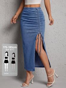 SHEIN Tall 女款抓皺開衩設計休閒街頭風性感牛仔裙，適合日常、度假、約會之夜、外出穿搭，牛仔女郎風格，淺藍色，秋季上班穿搭 - 藍色 - 查看 3