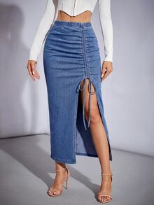 SHEIN Tall 女款抓皺開衩設計休閒街頭風性感牛仔裙，適合日常、度假、約會之夜、外出穿搭，牛仔女郎風格，淺藍色，秋季上班穿搭 - 藍色 - 查看 5