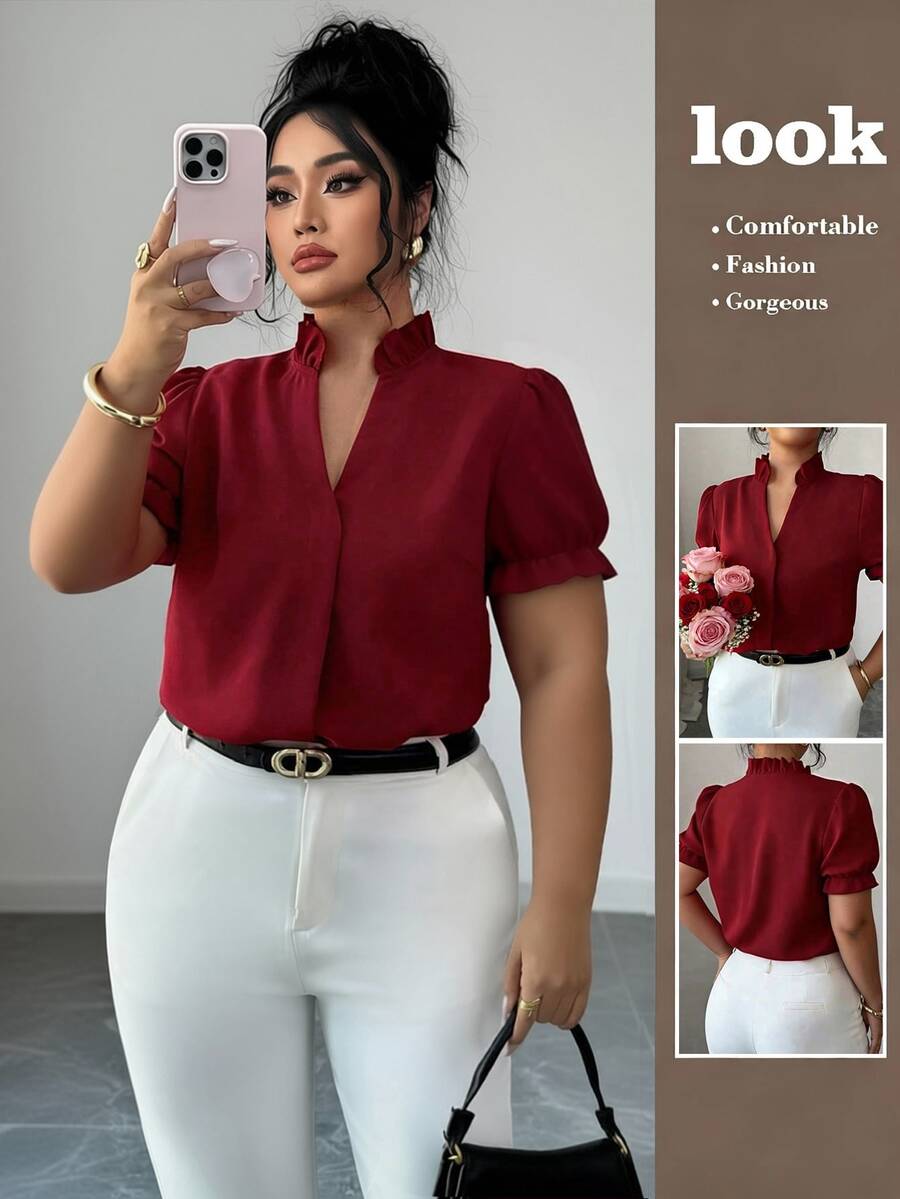 Elenzga Plus Size Premium Elegant Commuter Solid Color Turn-Down Collar Blouse Teachers' Day Office Formal Red Summer - Burgundy - View 1