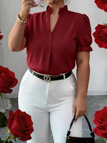 Elenzga Plus Size Premium Elegant Commuter Solid Color Turn-Down Collar Blouse Teachers' Day Office Formal Red Summer - Burgundy - View 4