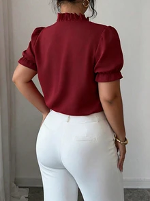 Elenzga Plus Size Premium Elegant Commuter Solid Color Turn-Down Collar Blouse Teachers' Day Office Formal Red Summer - Burgundy - View 2