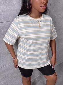 SHEIN CURVE+ Kaos Wanita Ukuran Plus 22W, Kasual Minimalis Longgar, Kerah Bulat, Cocok untuk Musim Gugur/Dingin - MultiWarna - View 4