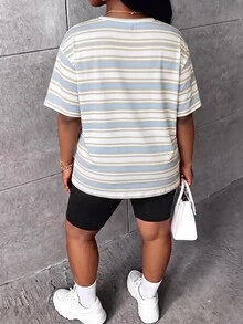SHEIN CURVE+ Kaos Wanita Ukuran Plus 22W, Kasual Minimalis Longgar, Kerah Bulat, Cocok untuk Musim Gugur/Dingin - MultiWarna - View 2