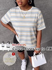 SHEIN CURVE+ Kaos Wanita Ukuran Plus 22W, Kasual Minimalis Longgar, Kerah Bulat, Cocok untuk Musim Gugur/Dingin - MultiWarna - View 1
