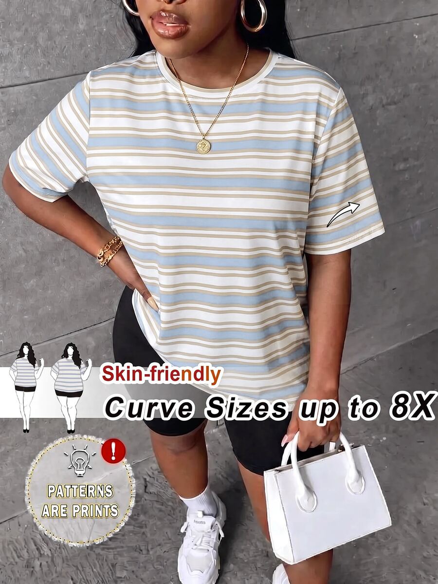 SHEIN CURVE+ Kaos Wanita Ukuran Plus 22W, Kasual Minimalis Longgar, Kerah Bulat, Cocok untuk Musim Gugur/Dingin - MultiWarna - View 1