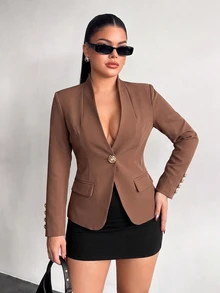 Vavine Elegant Metal Decor Brown Blazer Jacket For Women, Autumn/Winter - Brown - View 6