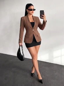 Vavine Elegant Metal Decor Brown Blazer Jacket For Women, Autumn/Winter - Brown - View 4