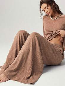 Bohemela Casual Solid Color Knit Loose Sweatshirt & Loose Pants Women 2 Pieces Set - Brown - View 2