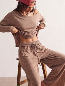 Bohemela Casual Solid Color Knit Loose Sweatshirt & Loose Pants Women 2 Pieces Set - Brown - View 6