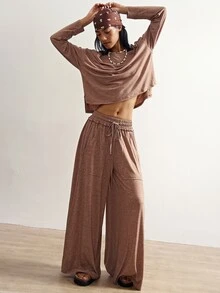 Bohemela Casual Solid Color Knit Loose Sweatshirt & Loose Pants Women 2 Pieces Set - Brown - View 4