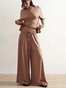 Bohemela Casual Solid Color Knit Loose Sweatshirt & Loose Pants Women 2 Pieces Set - Brown - View 1