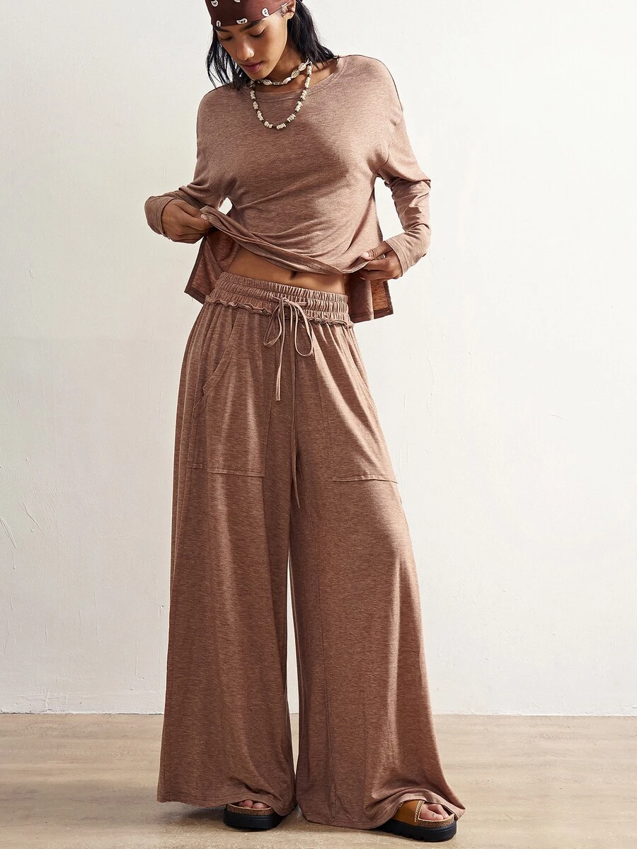 Bohemela Casual Solid Color Knit Loose Sweatshirt & Loose Pants Women 2 Pieces Set - Brown - View 1