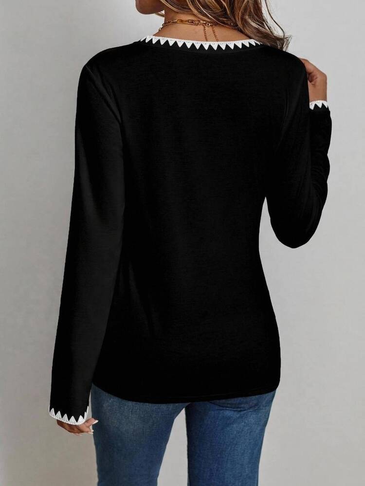 EMERY ROSE Casual Minimalist Pure Cotton Shell Lace Embroidered Trim Regular Fit V-Neck Long Sleeve Women's T-Shirt Autumn Basics Tight-Fitting - Black - View 3