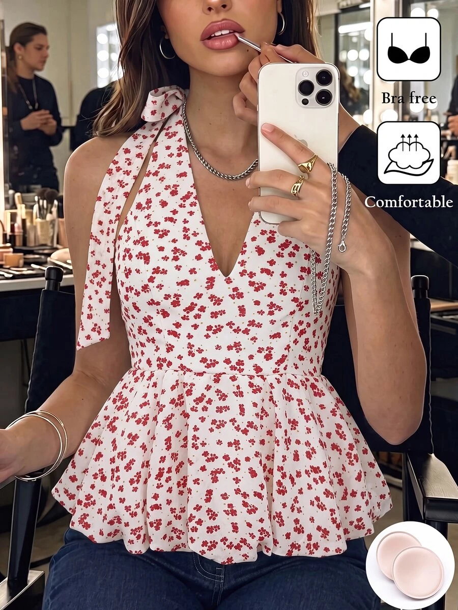SHEIN Franclia Summer Outfits Elegant Cute Romantic French Style Women's Top, Built-In Chest Cup, No Need For Bra, White Floral Halt Brunch Going Out - White - View 1