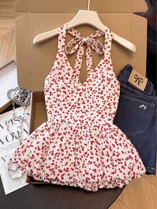 SHEIN Franclia Summer Outfits Elegant Cute Romantic French Style Women's Top, Built-In Chest Cup, No Need For Bra, White Floral Halt Brunch Going Out - White - View 6
