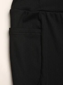 SHEIN 青少年女孩黑色高腰緊身高彈性休閒瑜伽多功能口袋手機袋喇叭褲長褲運動褲，適合居家與戶外穿著 - 黑色 - 查看 4