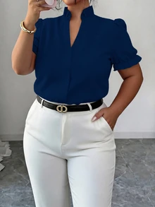 Elenzga Plus Size Premium Elegant Commuter Solid Color Turn Collar Blouse - Navy Blue - View 3