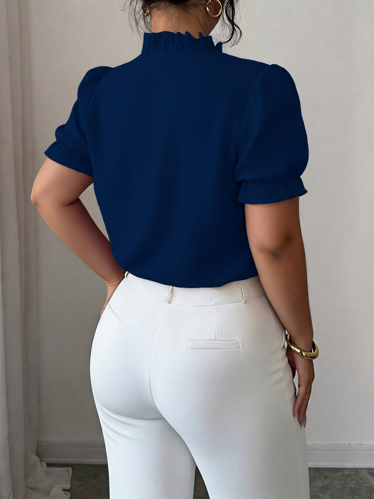 Elenzga Plus Size Premium Elegant Commuter Solid Color Turn Collar Blouse - Navy Blue - View 2