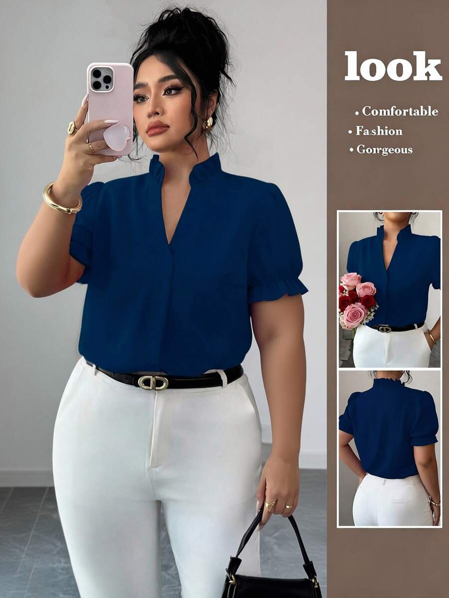 Elenzga Plus Size Premium Elegant Commuter Solid Color Turn Collar Blouse - Navy Blue - View 1