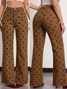 SHEIN Tall 女款高腰口袋寬腿鬆垮休閒復古街頭風百搭牛仔褲 牛仔女郎造型 波點 夏季日常棕色日穿 - 棕色 - 查看 9