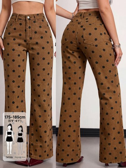 SHEIN Tall بنطلون جينز نسائي بخصر عالي وجيوب وساق واسعة فضفاض كاجوال بطراز ريترو ستريت وير متعدد الاستخدامات إطلالة كاوبوي للنساء بنقاط بولكا صيفي للاستخدام اليومي باللون البني بنقاط بولكا