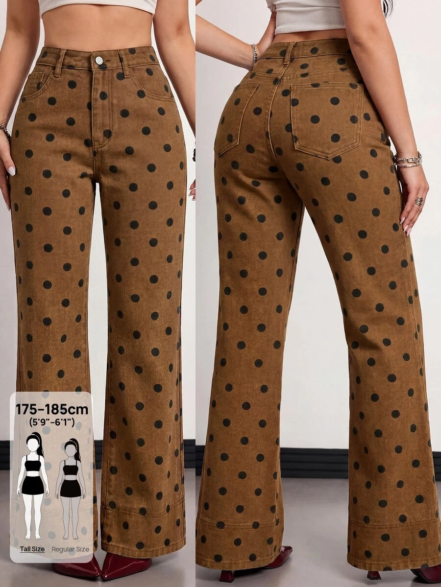 SHEIN Tall 女款高腰口袋寬腿鬆垮休閒復古街頭風百搭牛仔褲 牛仔女郎造型 波點 夏季日常棕色日穿