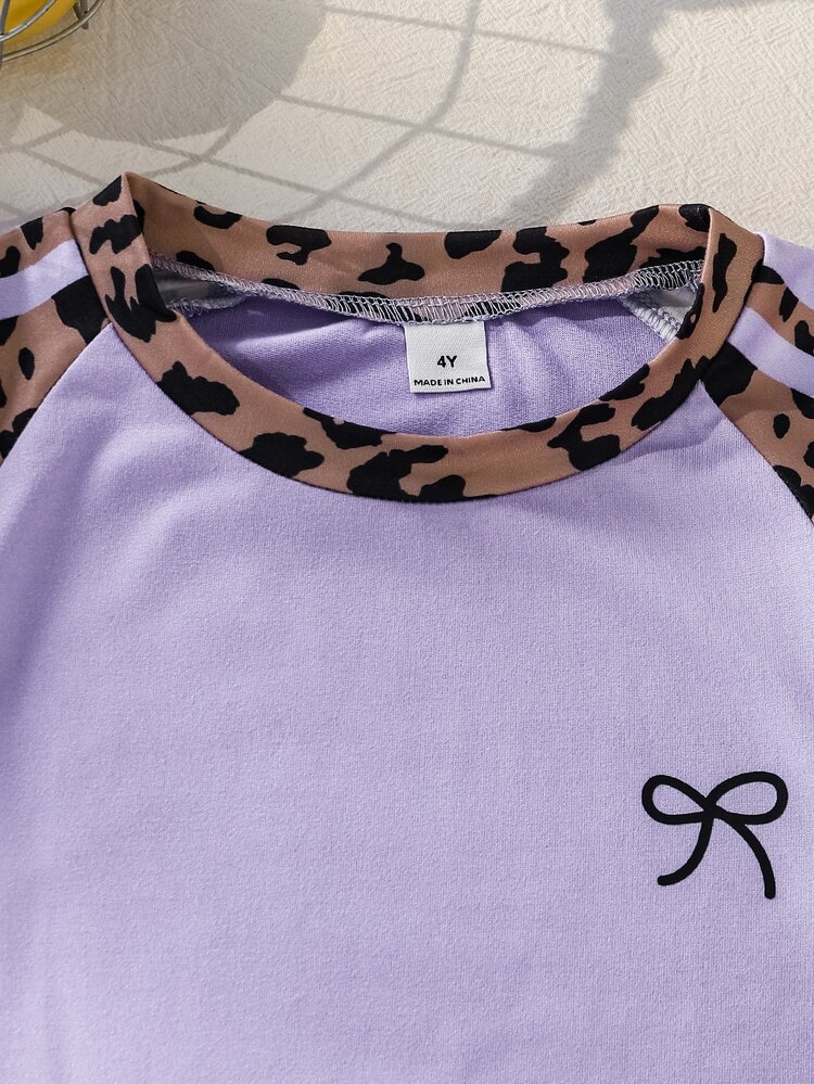 Genkimix Kids Young Girls Casual Light Sports Leopard Print Raglan T-Shirt With Cute Bow Front Chest, Color-Block Purple Knit Plain Fabric, Y2K Retro Shorts Set - Purple - View 5